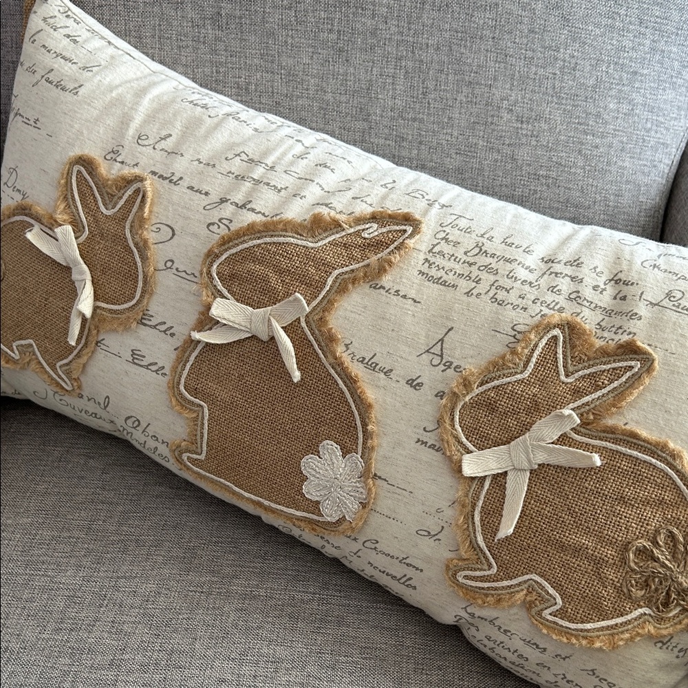 Shabby Chic Cottage Decorative Pillow with Burlap Bunnies and French script